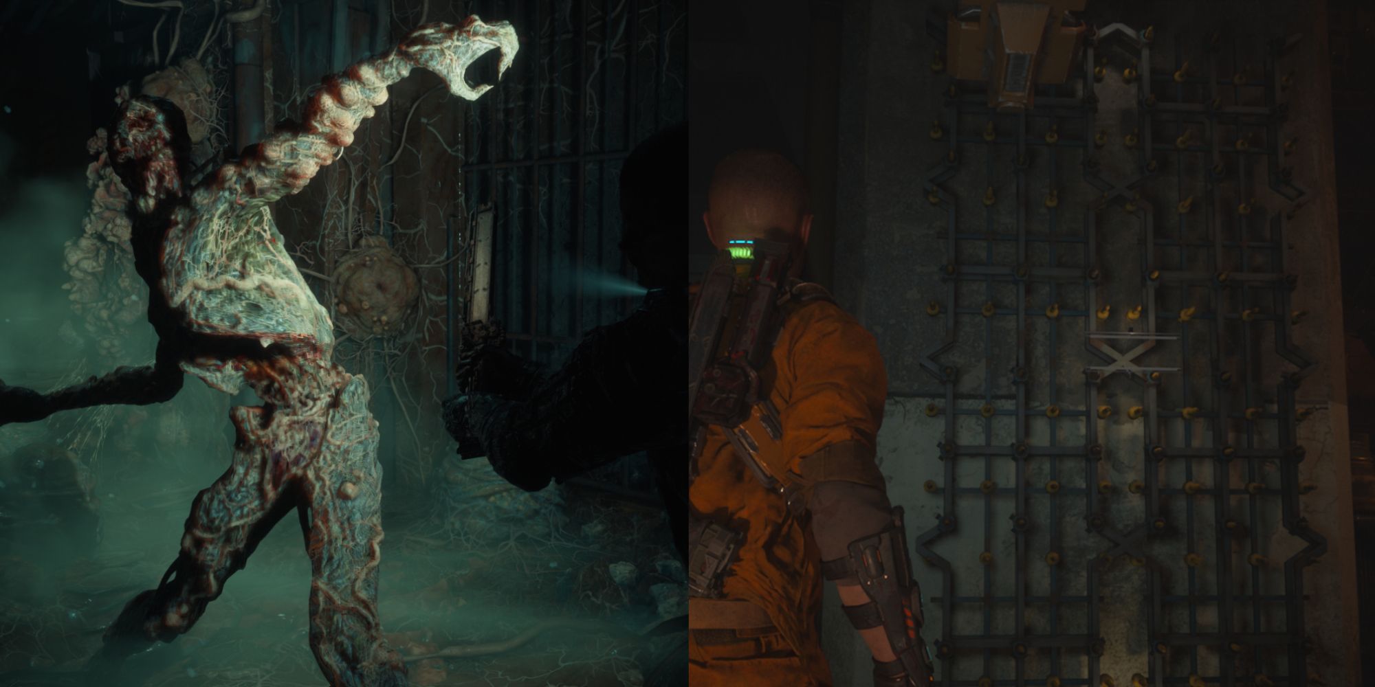 The Callisto Protocol Combat Tips And Tricks Featured Split Image Monster and Spiked Wall