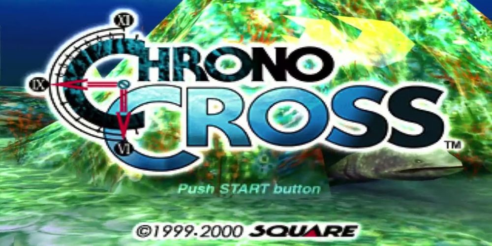 The Chrono Cross logo underwater as an eel emerges from a structure