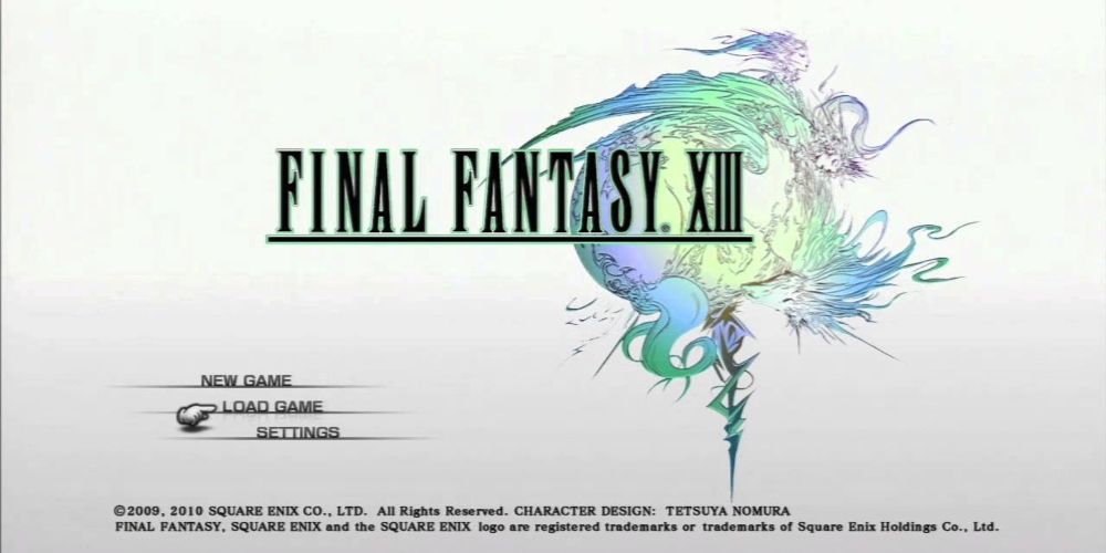 The Final Fantasy 13 logo in front of a spheric illustration colored in blue, green, and purple
