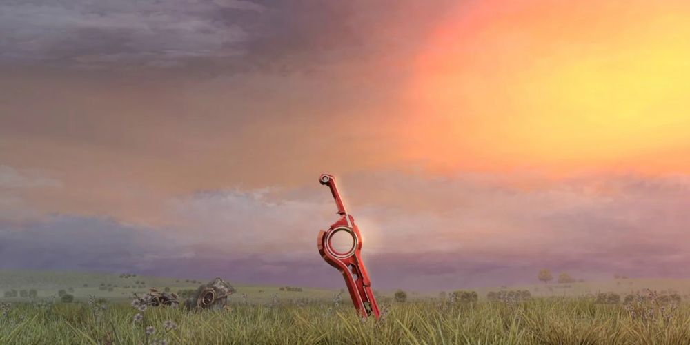 The Monado weapon inserted into the ground in a grassy field as the sun sets in Xenoblade Chronicles