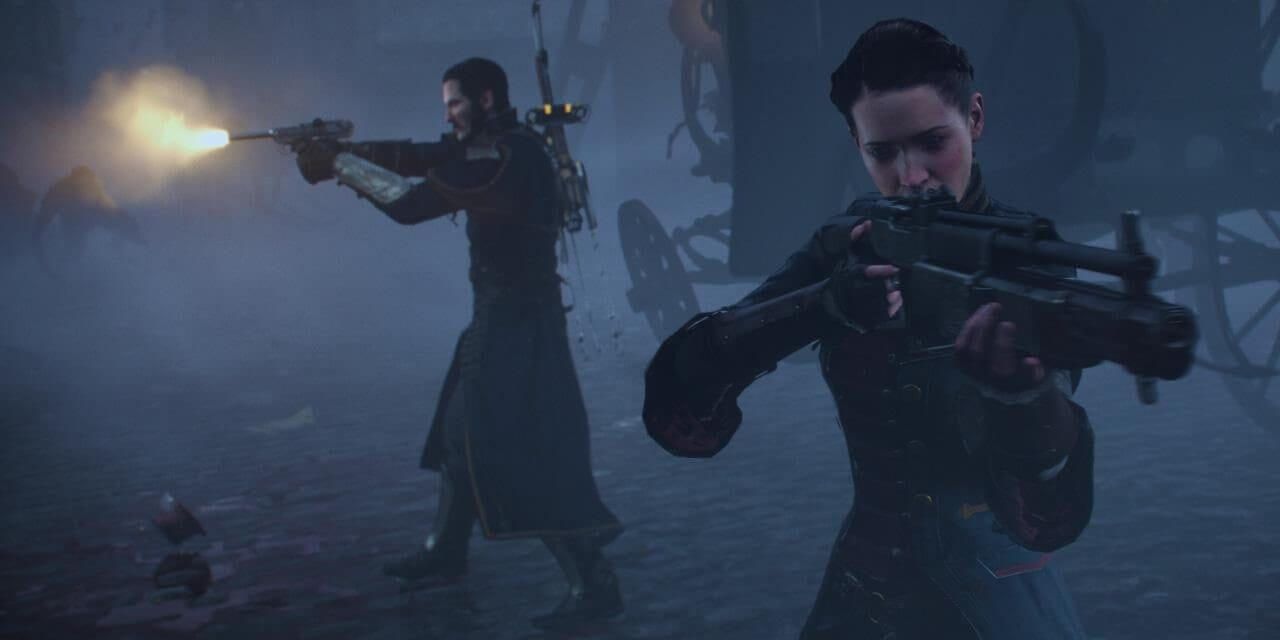 The Order: 1886 Sir Galahad and Lady Igraine in the fog holding rifles.