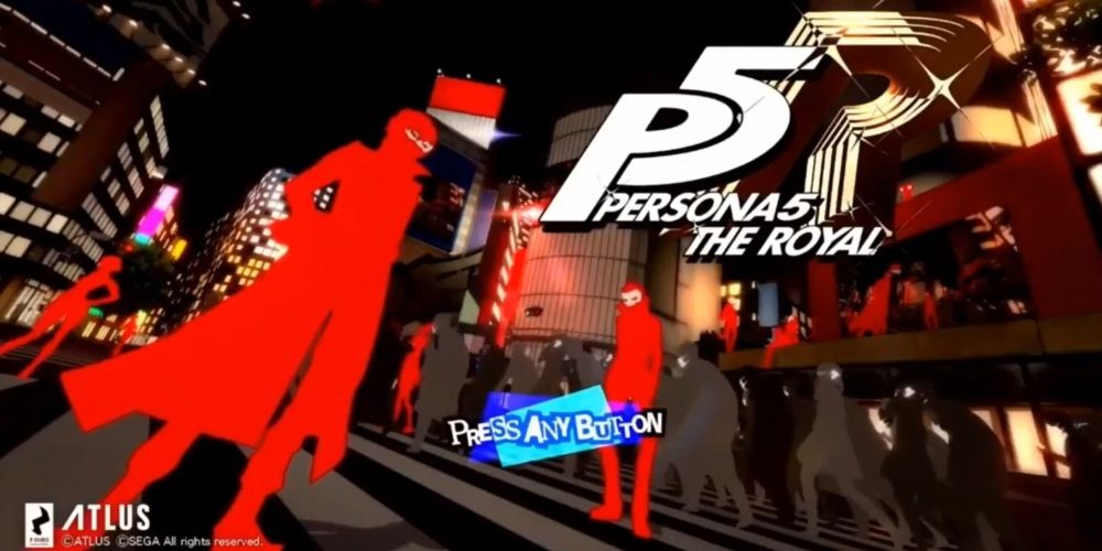 The Phantom Thieves silhouetted in red on a crosswalk on the title screen in Persona 5 Royal