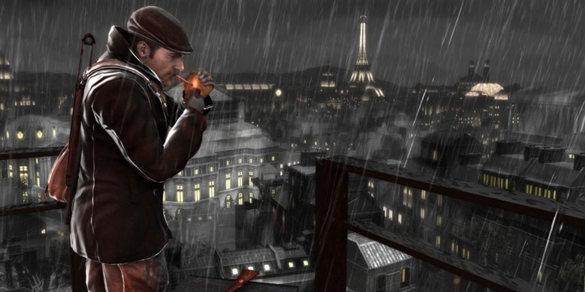 Sean Devlin lights a cigarette atop a rooftop overlooking the Eiffel Tower in Paris in The Saboteur