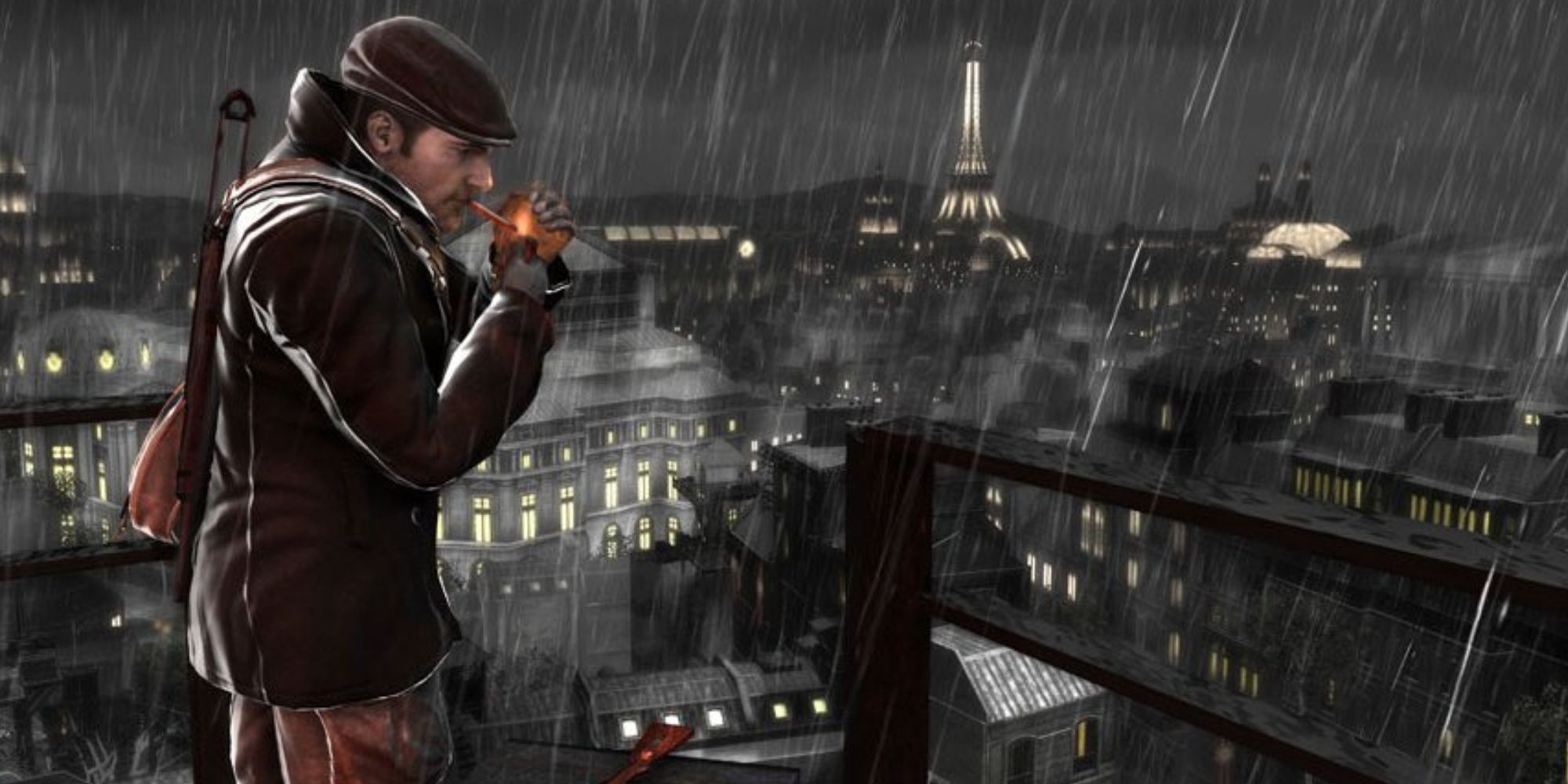 Sean Devlin lighting a cigarette on top of  rooftop with a view of the Eiffel Tower in Paris in The Saboteur