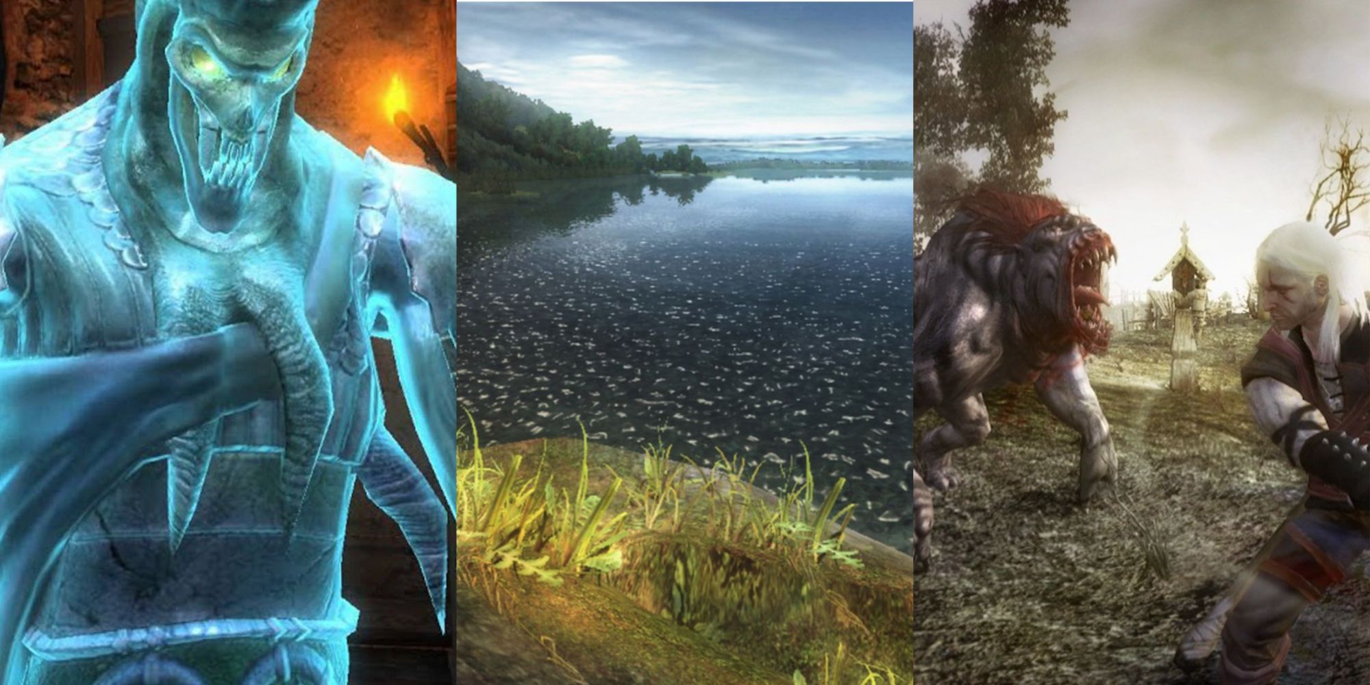 Eredin as a wraith in the Witcher 1, a lake stretching into the horizon in the Witcher 1, and Geralt fighting a monster in Witcher 1, left to right