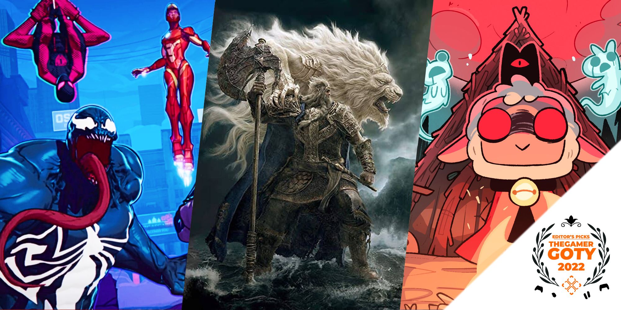 TheGamer GOTY header with marvel snap, elden ring, and cult of the lamb