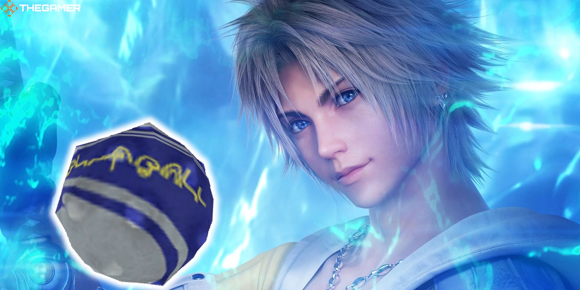 A blitzball positioned next to a portrait of Tidus from Final Fantasy X. Custom image for TG.