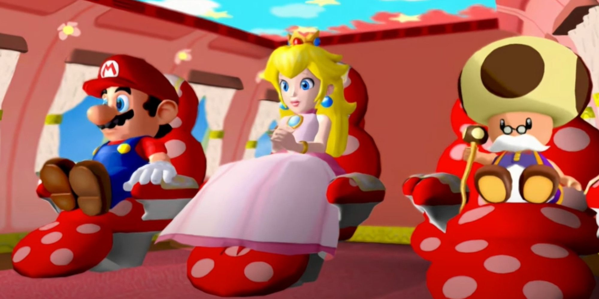 Mario, Princess Peach, and Toadsworth on their way to Delfino Island in Super Mario Sunshine