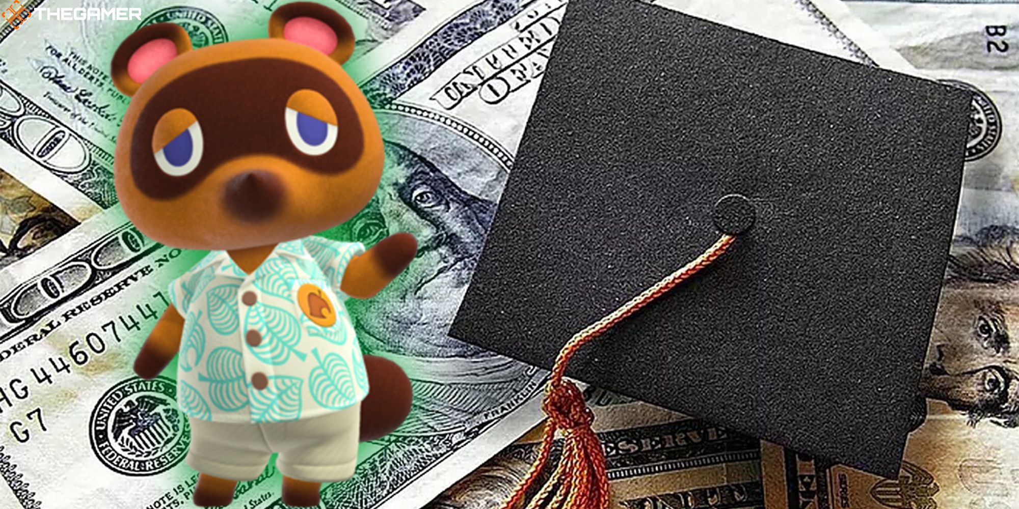 Tom Nook stands in front of a pile of hundred dollar bills and a graduation cap. Custom image for TG.
