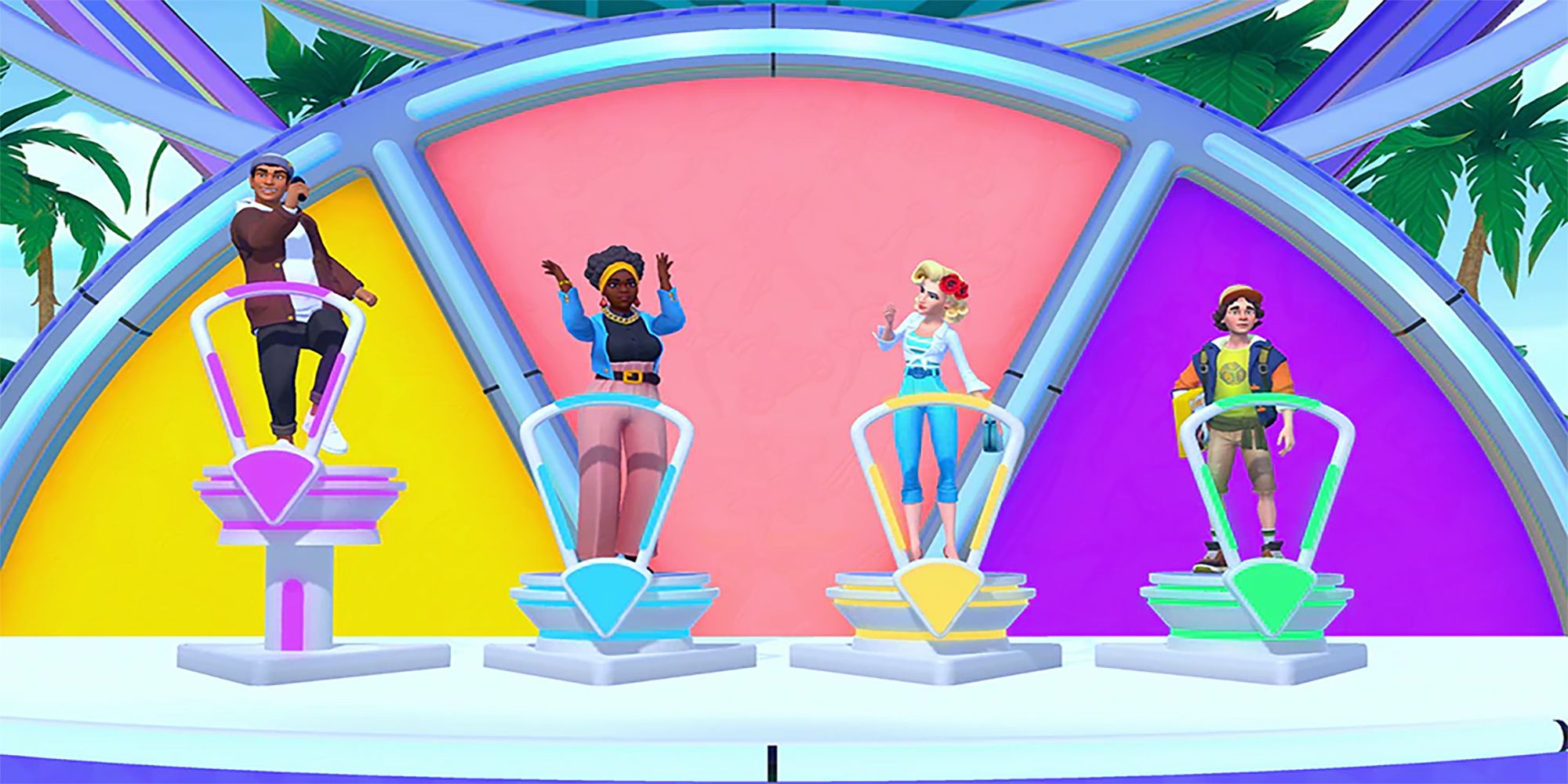 four contestants stand atop podiums on a tropical game show set in Trivial Pursuit Live 2.