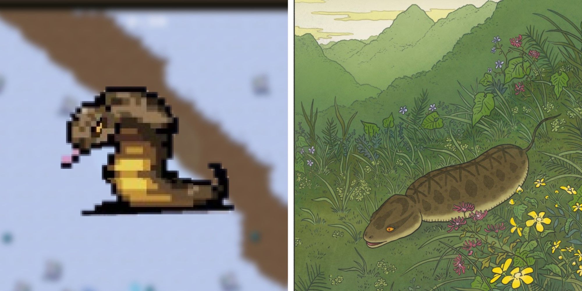 Sprite of Tsuchinoko from Vampire Survivors alongside art of a Tsuchinoko.