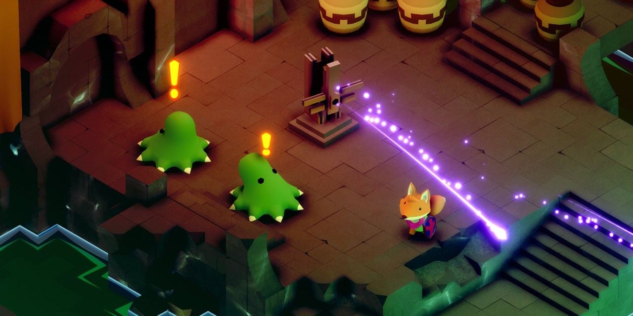 Little fox hero fighting some blobby monsters and a laser-shooting pillar in a dungeon.