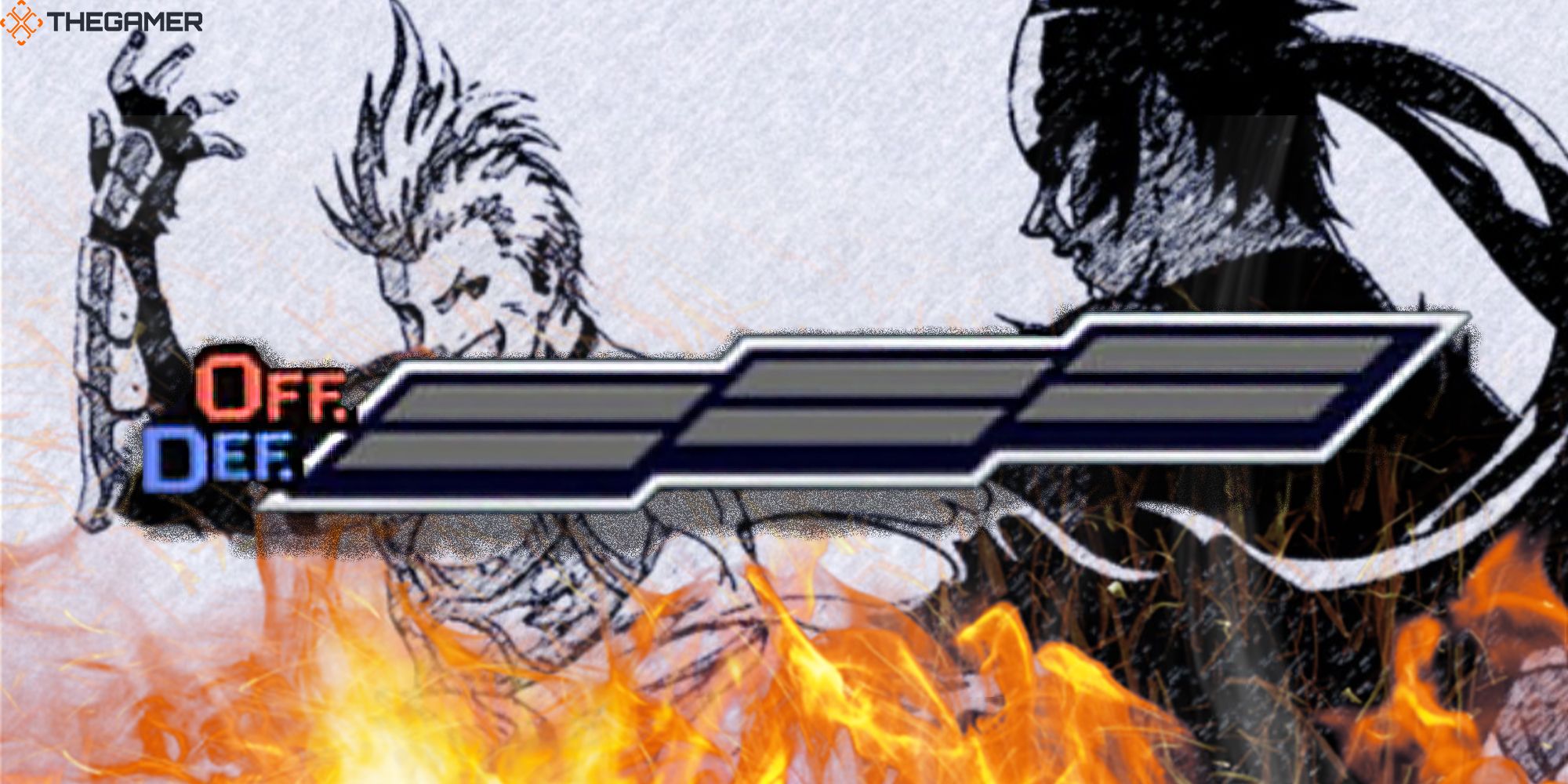 The Rumble Fish 2's Offense/Defense Gauge in front of Lud, Zen, and a wall of fire. Feature Image for TG.