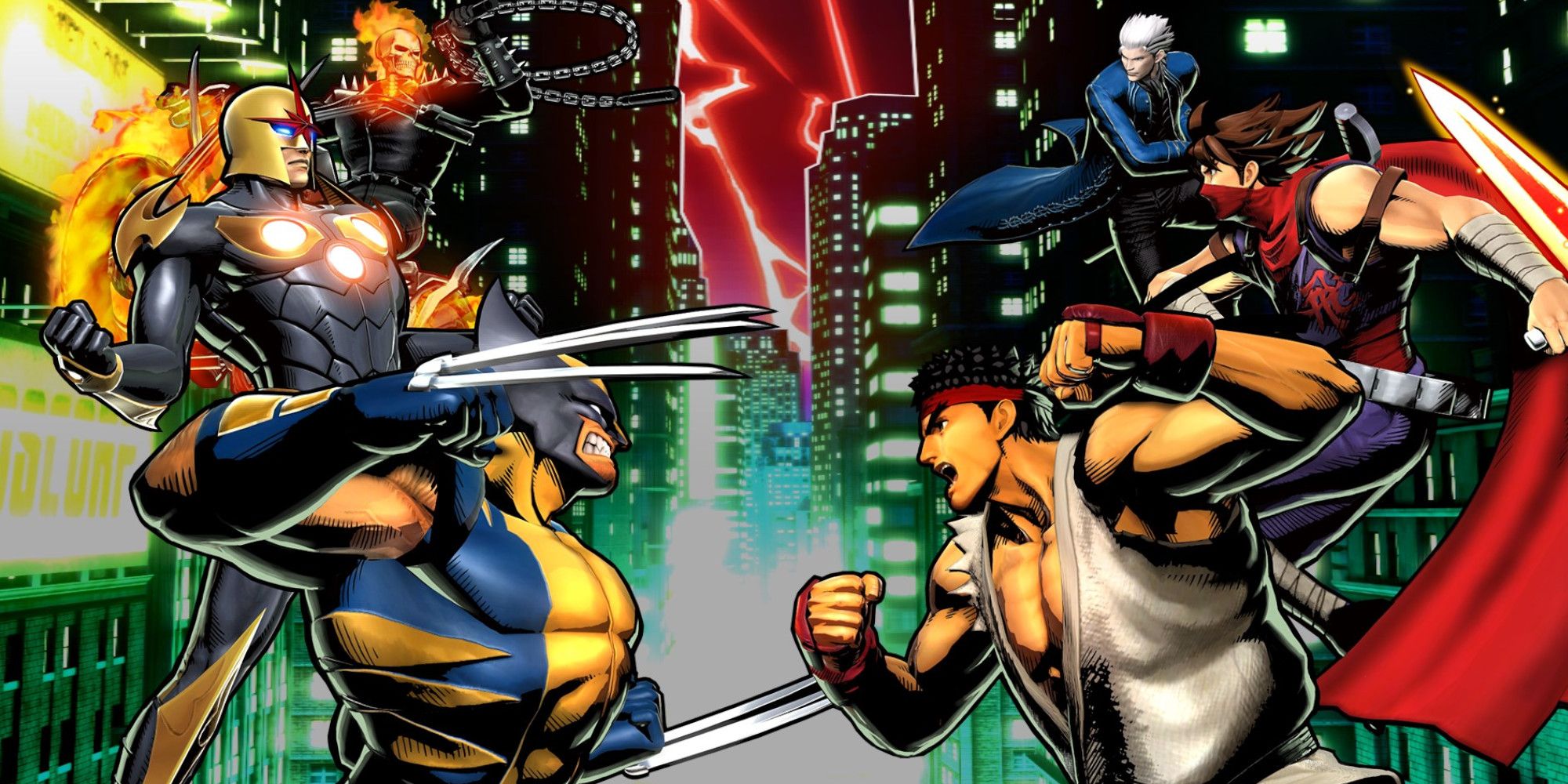 Ghost Rider, Nova, and Wolverine facing up against Vergil, Strider Hiryu, and Ryu in Ultimate Marvel Vs. Capcom 3