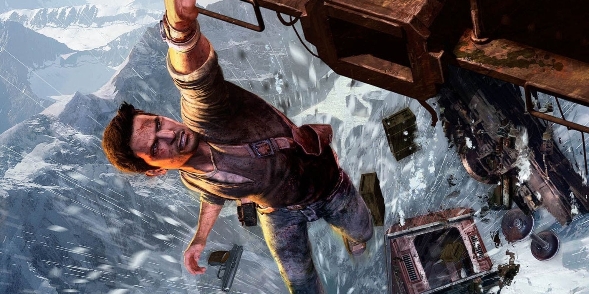 Box Art for Uncharted 2: Among Thieves, Which shows Nathan Drake hanging off a train