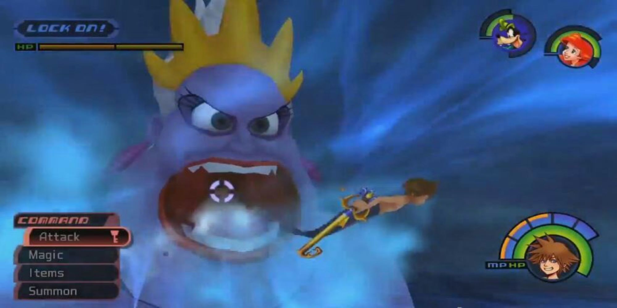 Ursula uses her powerful diaphragm to suck in Sora during this boss battle from Kingdom Hearts.
