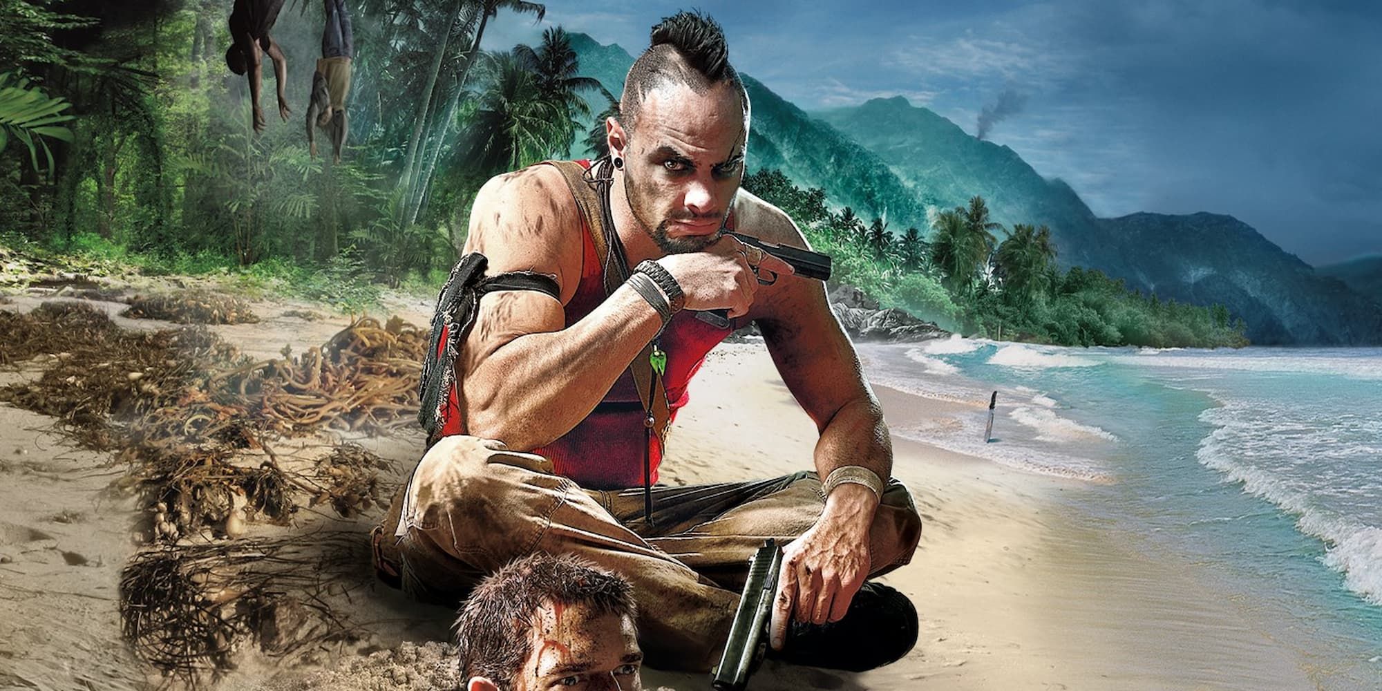 Vaas Montenegro sits on a beach with a head buried in the sand next to him as he holds two pistols.