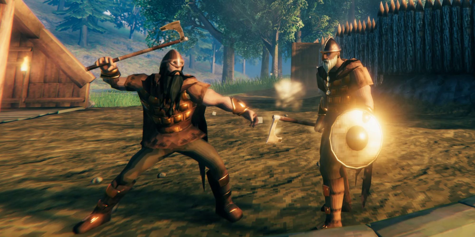 A player swinging an ax at another player in Valheim