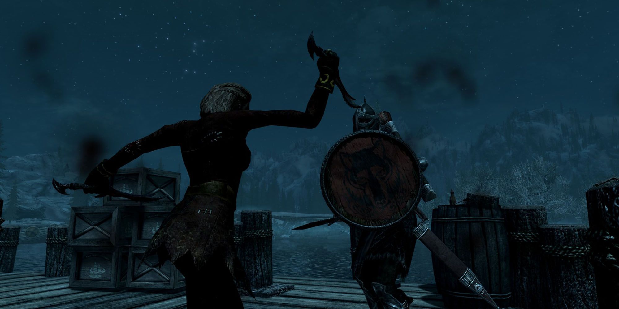 Vampire Assassin Fighting Riften Guard At Night