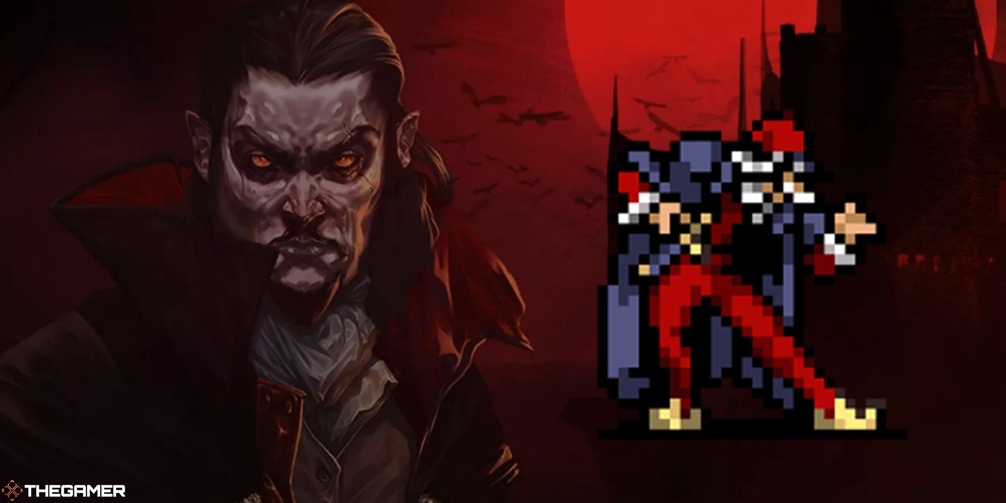 merchant sprite on top of vampire survivors key art background