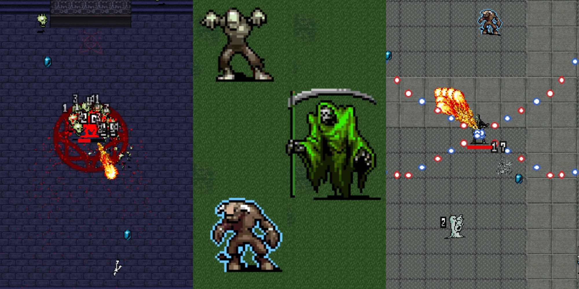 Vampire Survivors Split Image showing different enemies and levels