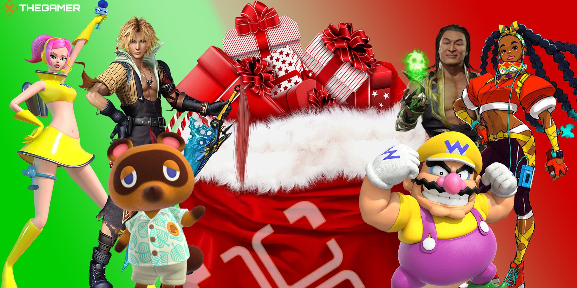 Ulala, Tidus, Tom Nook, Wario, Shang Tsung, and Kimberly gather around a giant sack full of presents. Feature image for TG.