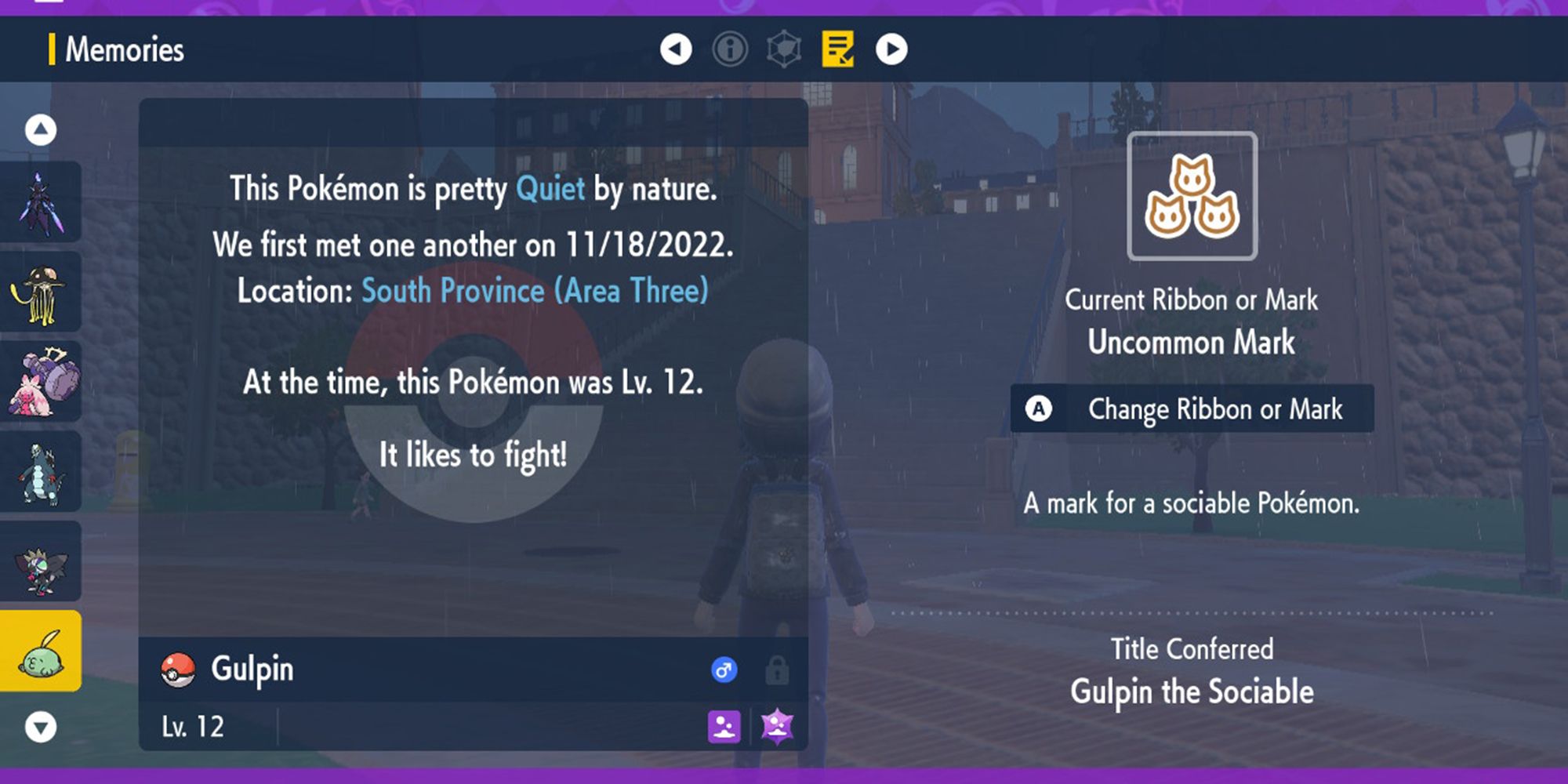 Gulpin with Uncommon Mark displayed in menu