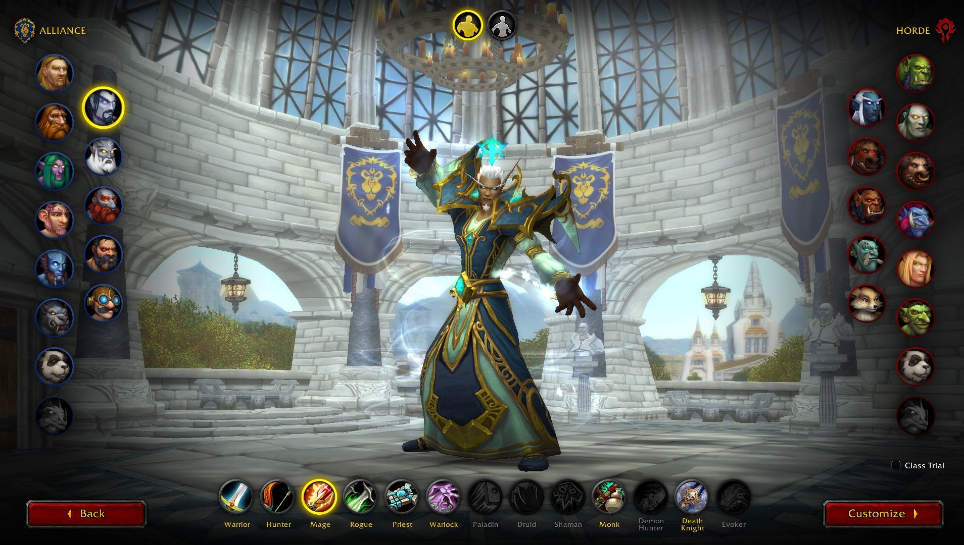 A preview of a Void Elf Mage on the character creation screen in World of Warcraft.