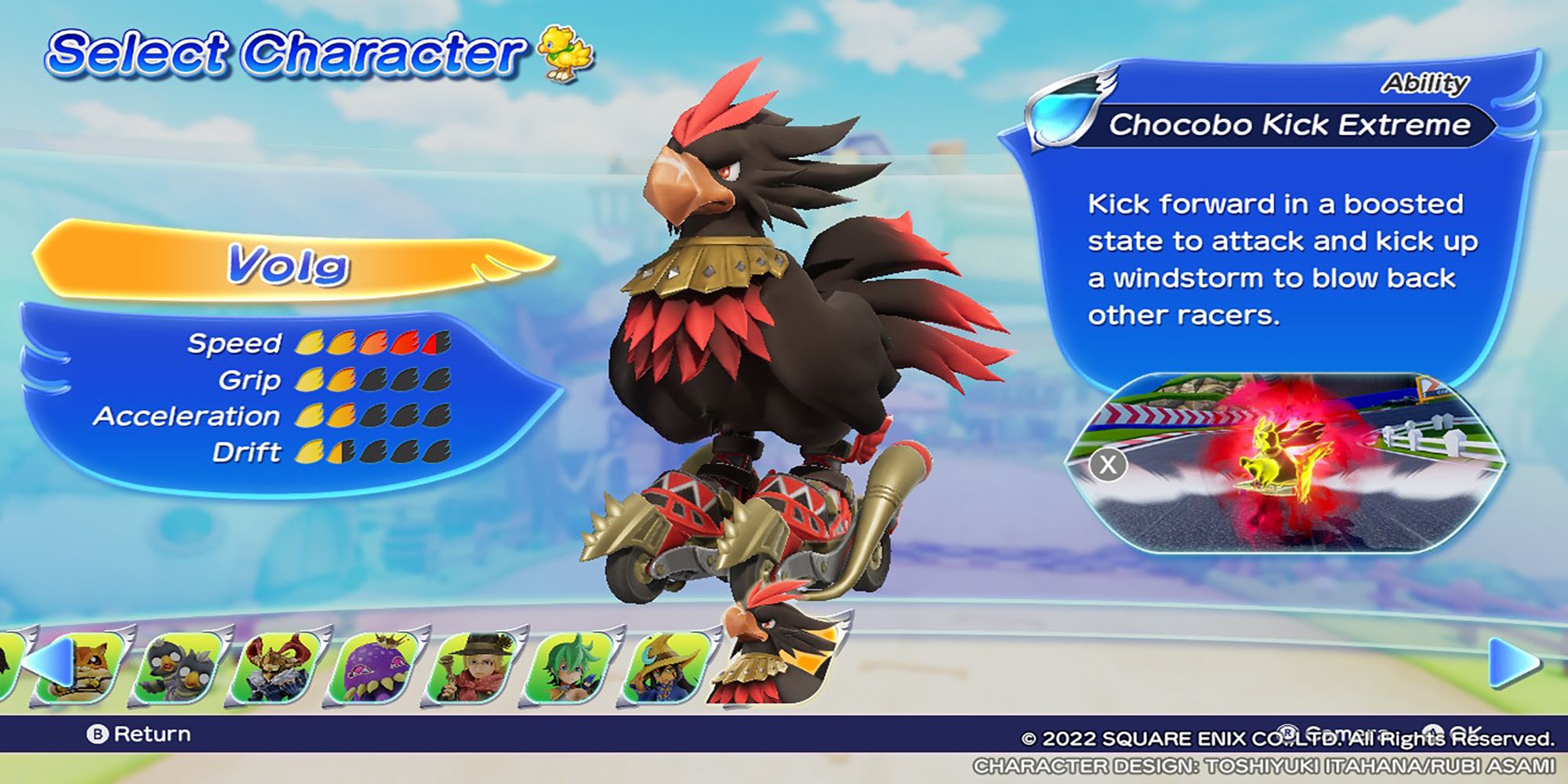 Volg stands tall in his Black Wolf jet boots in Chocobo GP's Character Select Screen.