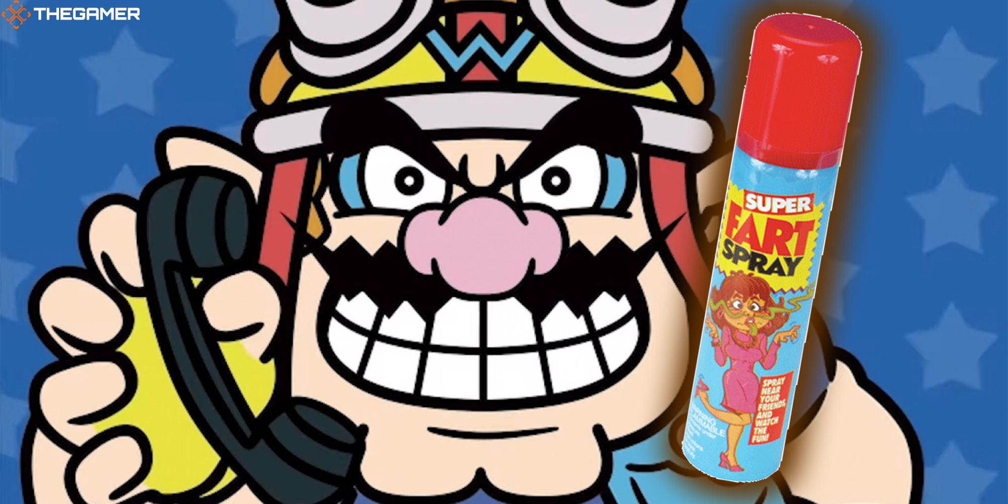 Wario holds a telephone in one hand and a can of fart spray in the other. Custom image for TG.