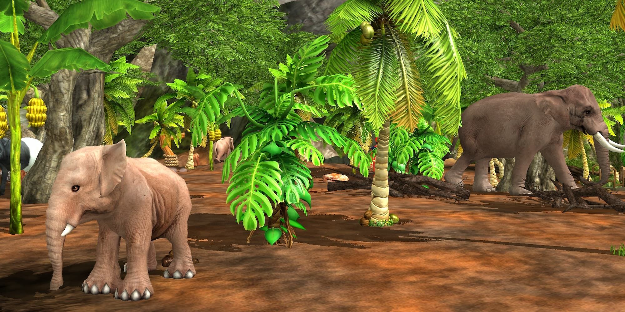 Elephants wander through a jungle biome in Wildlife Park 3.