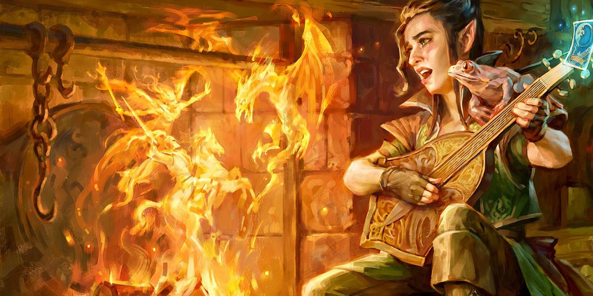 A Halfling plays a magical lute which alters a nearby fire to show a knight facing a dragon