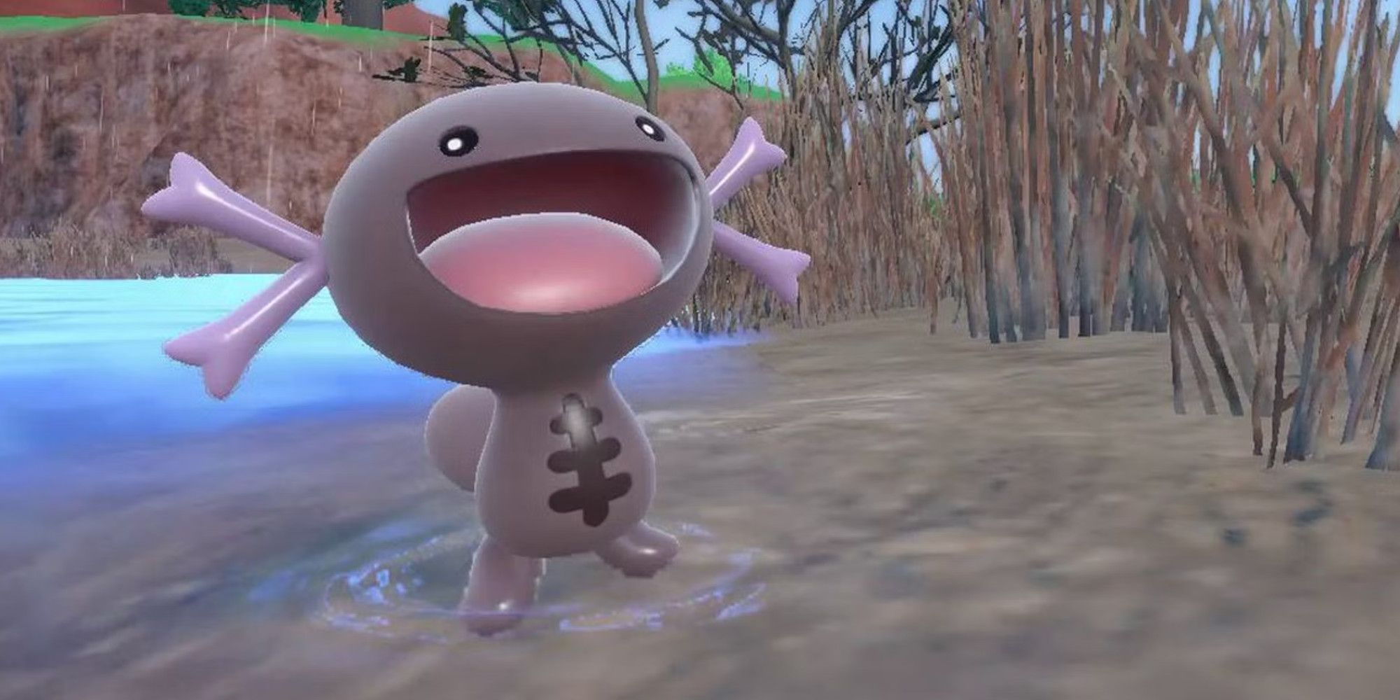 Wooper in Pokemon Scarlet and Violet looking overjoyed as it emerges from water.