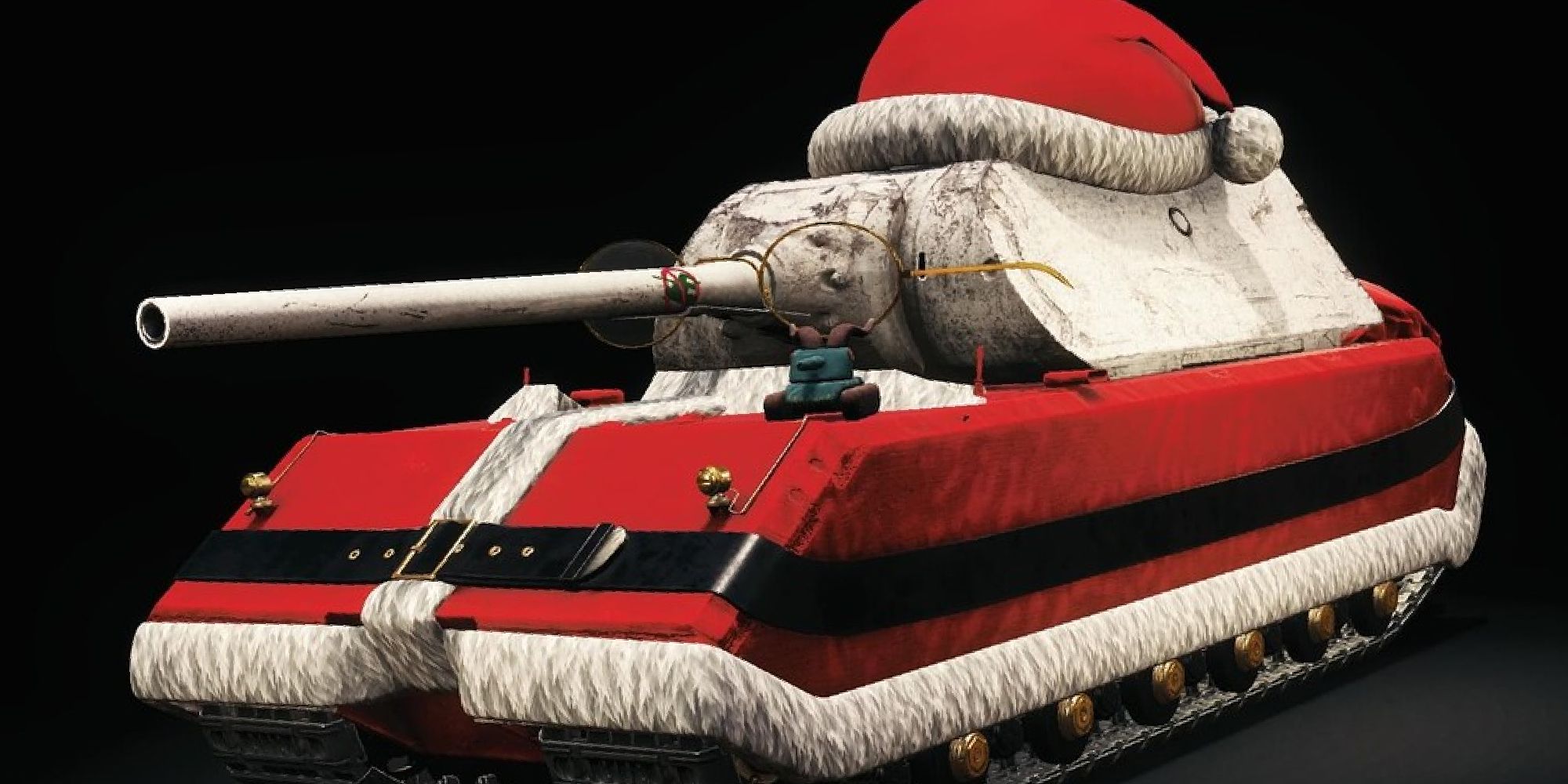 Tank in a Santa costume with giant glasses and red hat over a black background