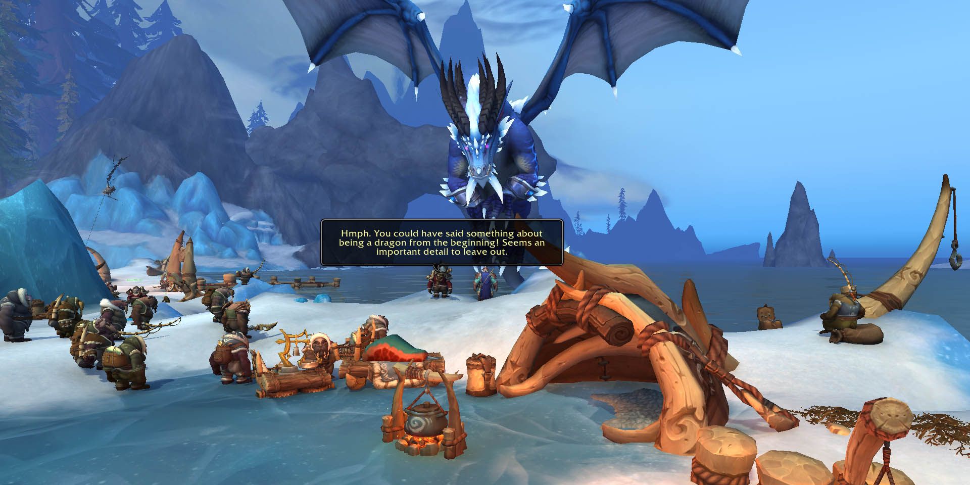 World Of Warcraft: A Tuskarr talking to a blue dragon