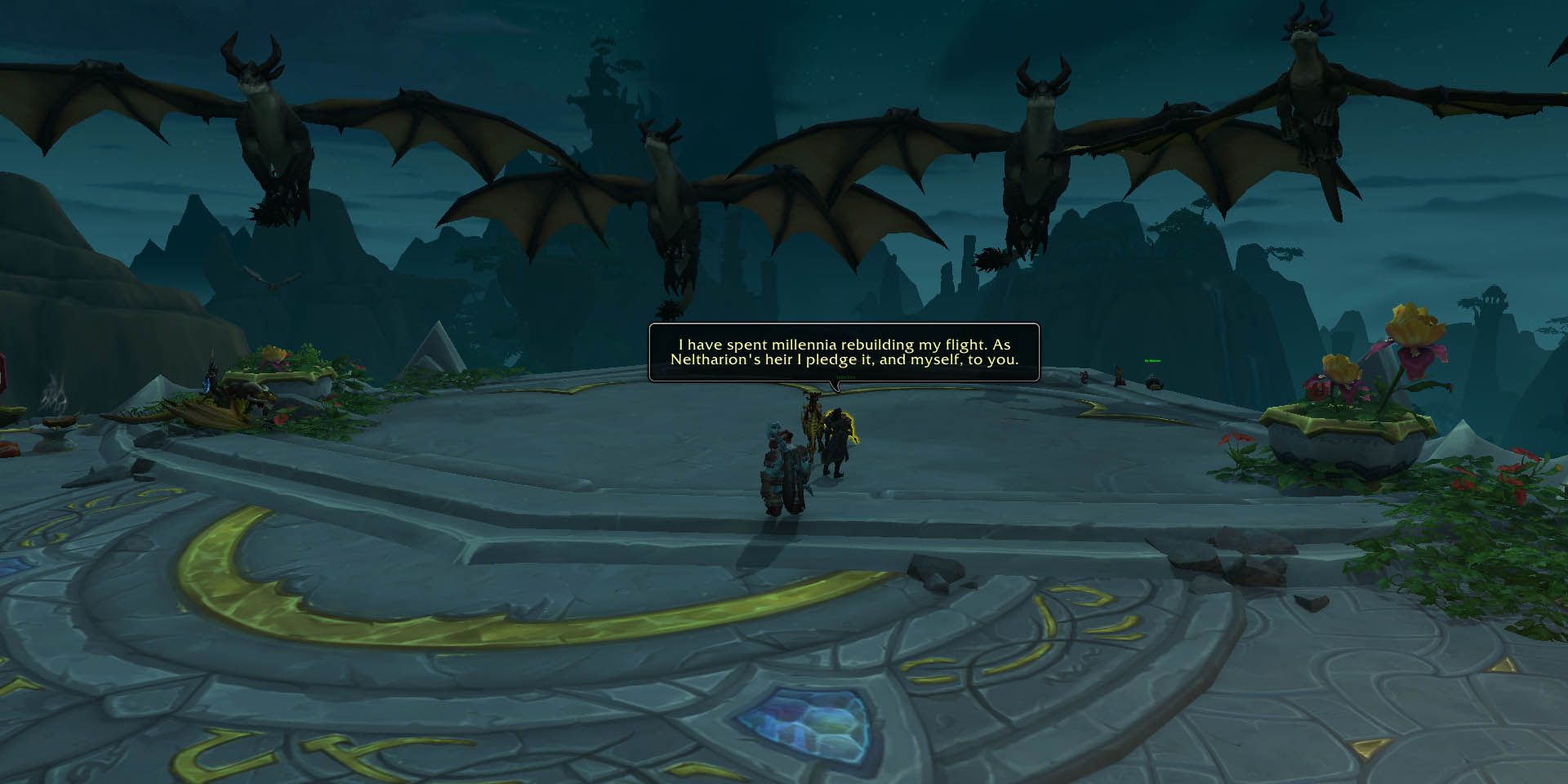 World Of Warcraft: four large dragons surround a group of people
