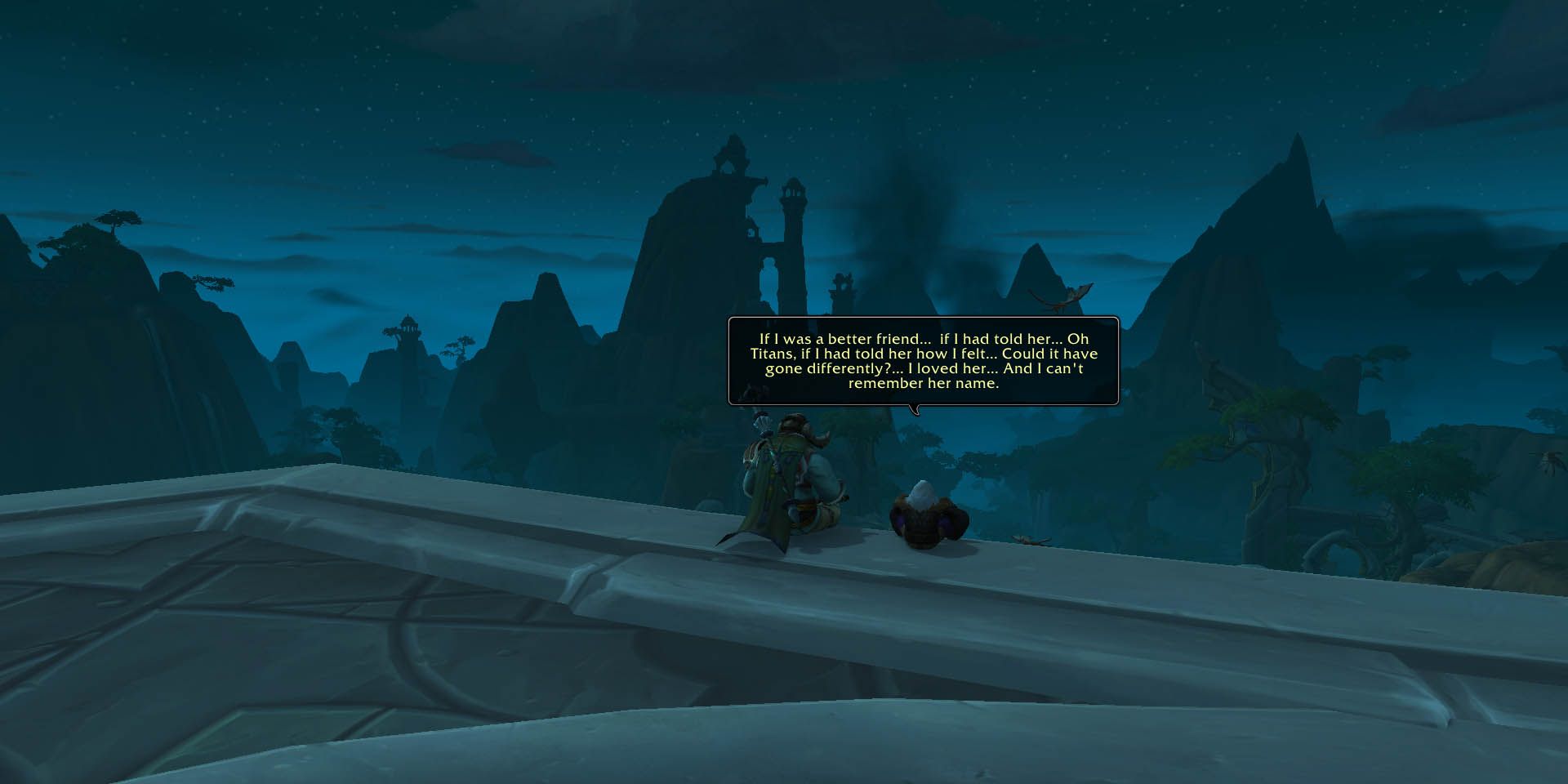 World Of Warcraft: An old dwarf and pandaren sitting on an edge