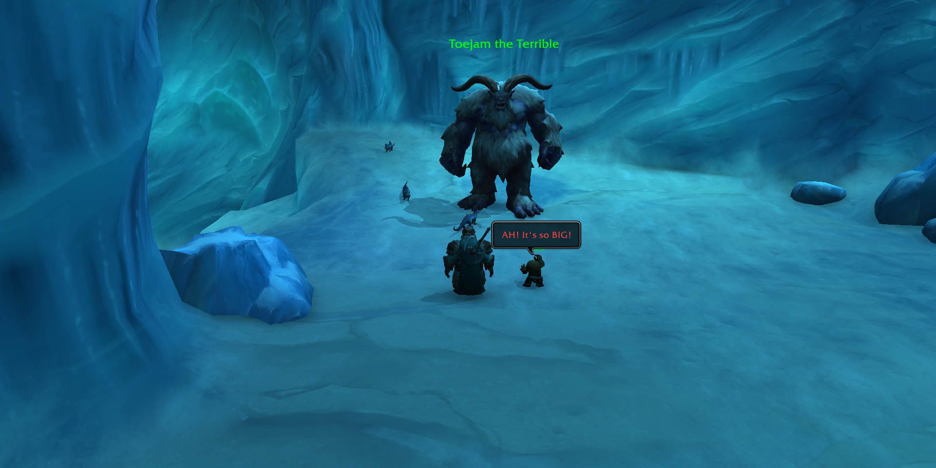 World of Warcraft: a young tuskarr scared of a huge yeti