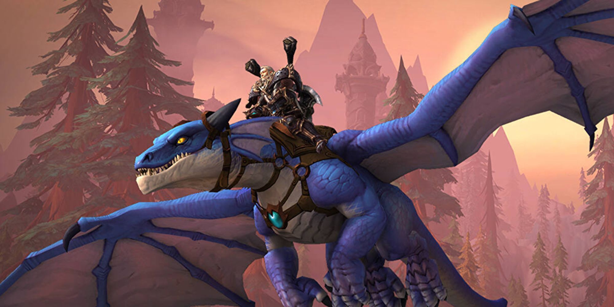 A World of Warcraft character riding a dragon in Dragonflight.