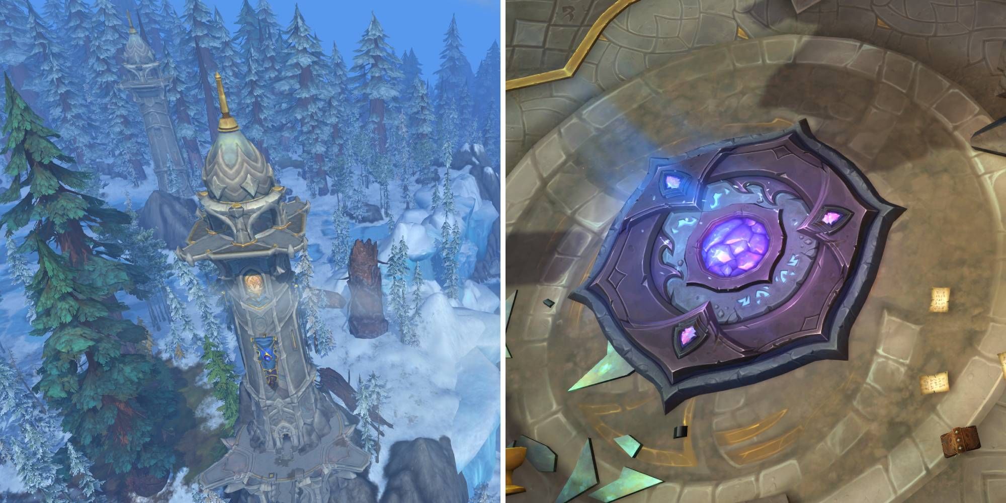 Split image showing a WoW Dragonflight Waygate and a tower you'll find one in