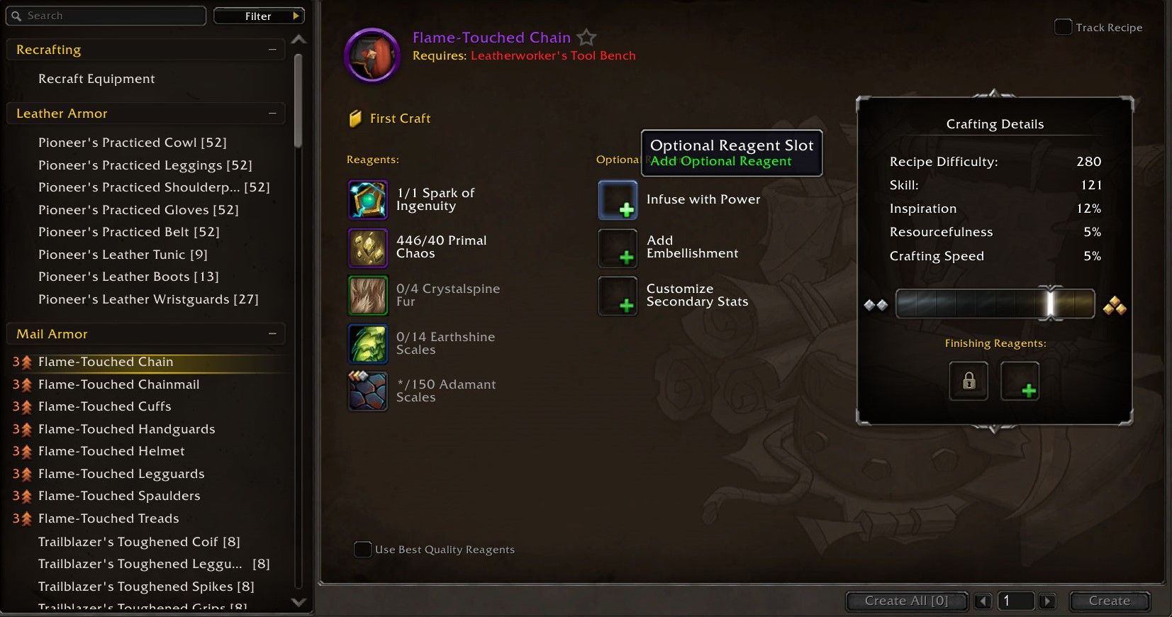 WoW leatherworking page with optional reagent slot highlighted