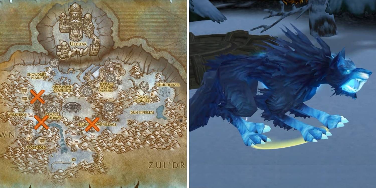 The location of the spirit beast Skoll within Storm Peaks in World of Warcraft