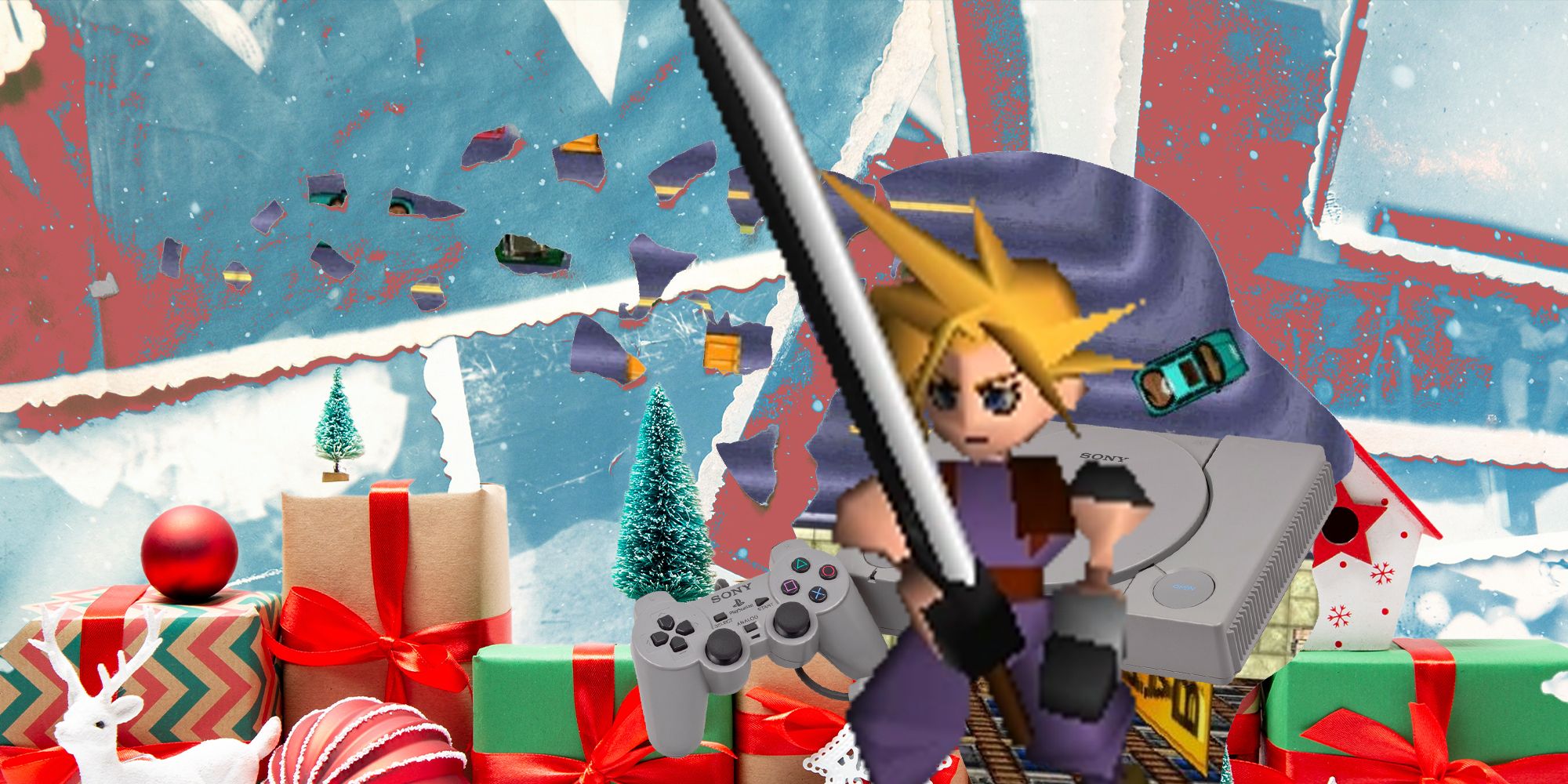 A Christmas-themed image with presents in the background, a PlayStation 1 console, a screenshot from GTA 1, and Cloud Strife holding the Buster Sword