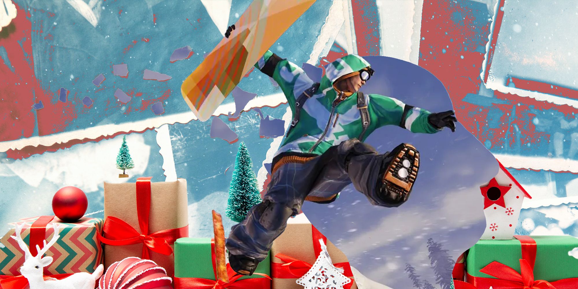 SSX snowboarder jumping out of wrapping paper