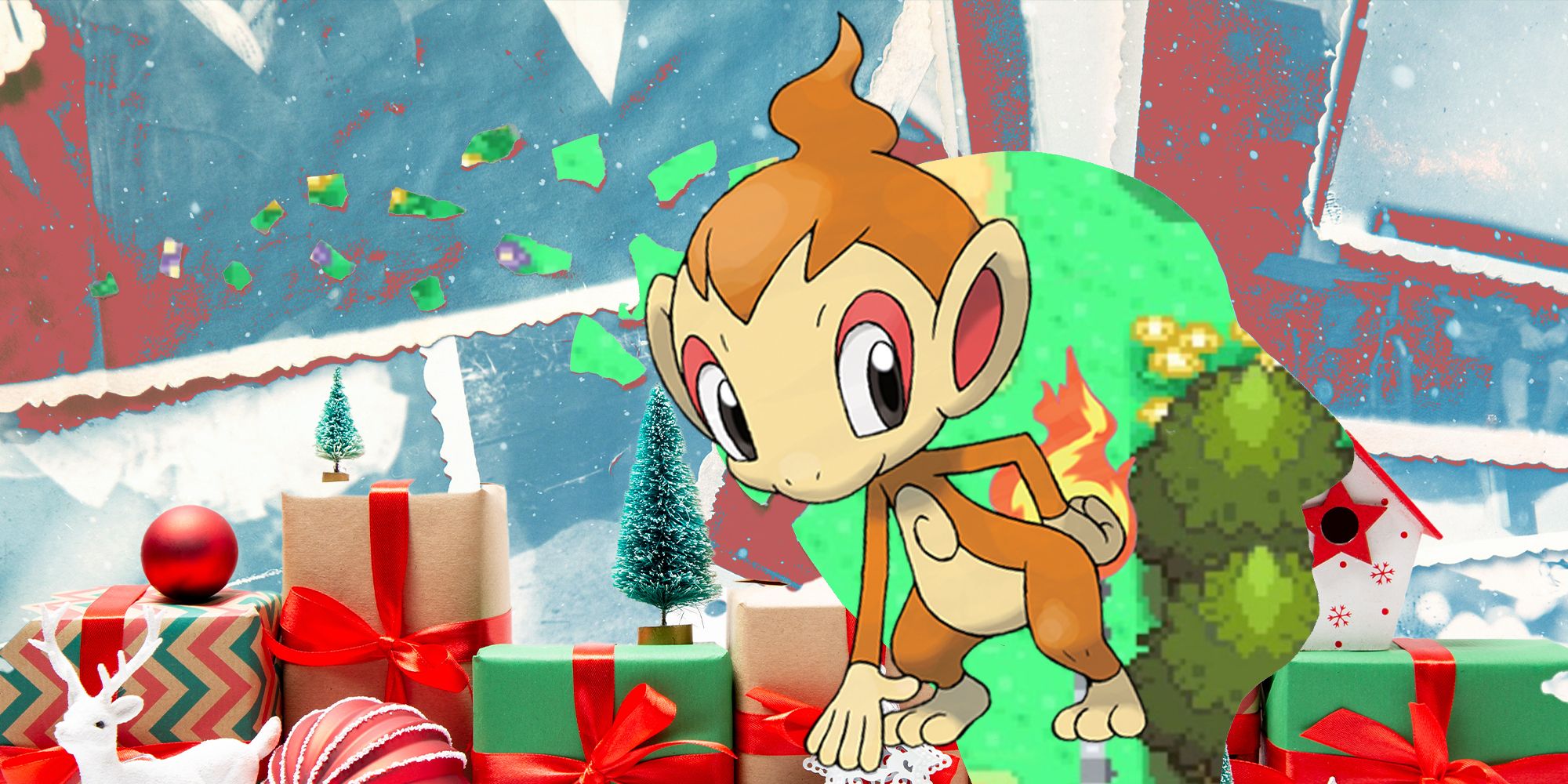 Chimchar surrounded by Christmas presents and other winter decor.