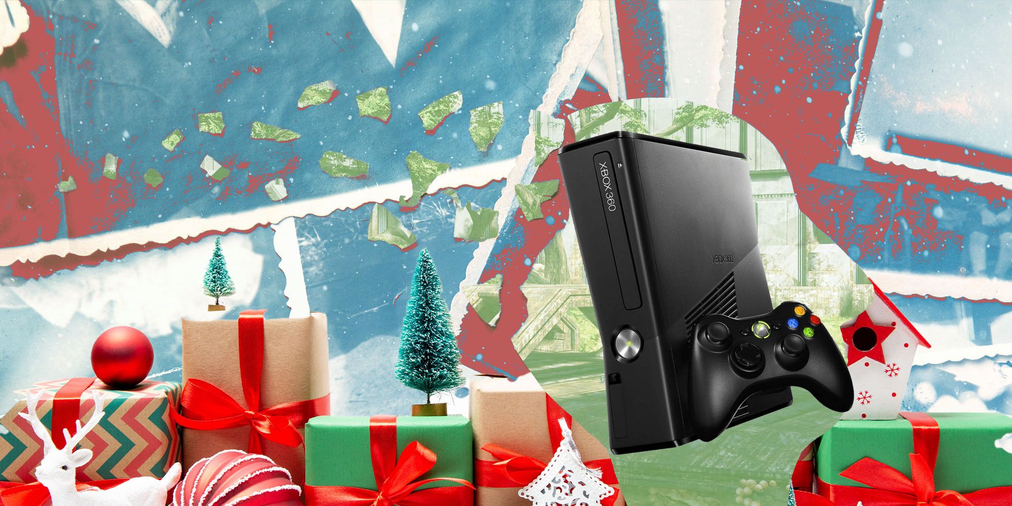 Holiday feature image with unwrapped black Xbox 360 console in center