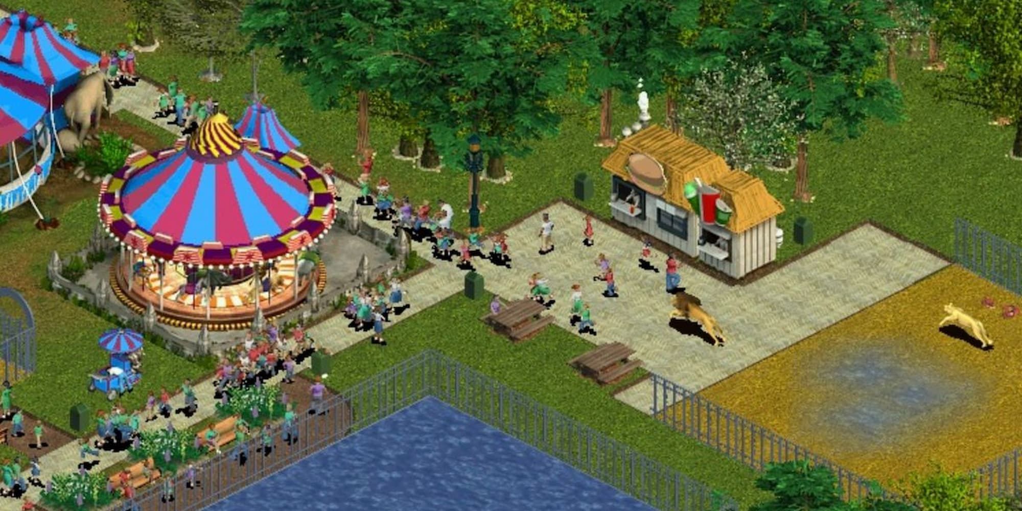 Patrons walk through the zoo, near an exhibit and a carousel in Zoo Tycoon.