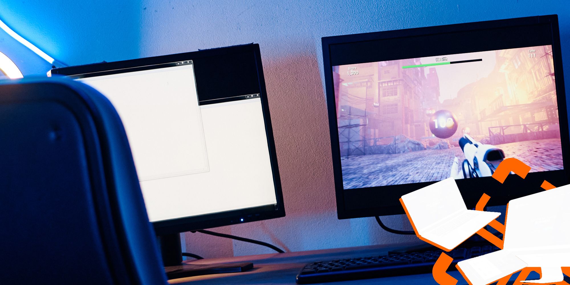 An image of two computer monitors side by side with a graphic overlay in the bottom corner.
