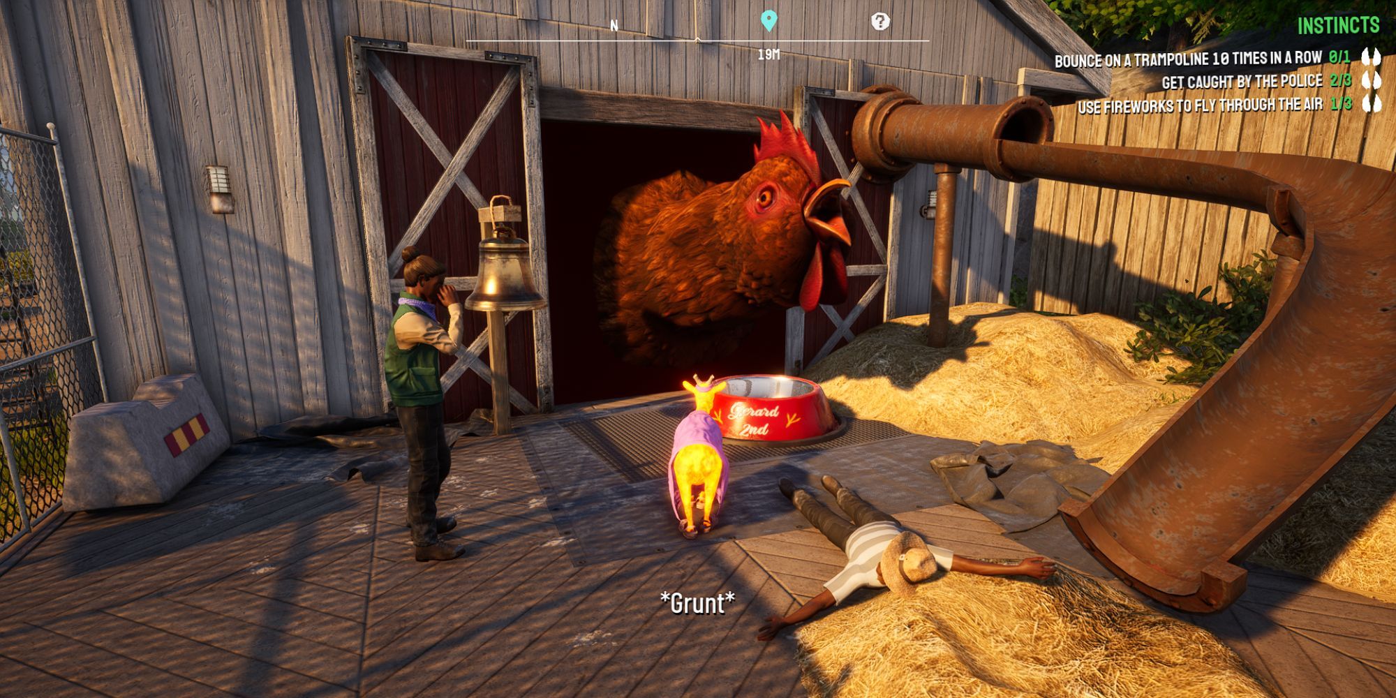 a giant chicken peers out a barn and clucks as a farmer lays on hay and another takes a photo, pilgor watches