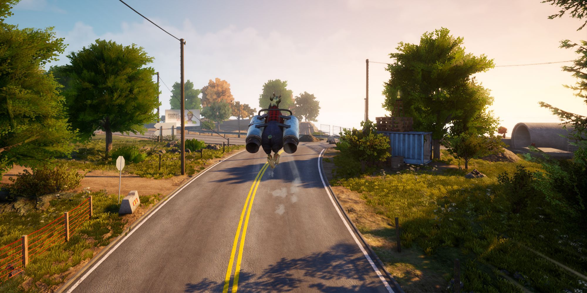Piglor jumps high on the road while wearing a jetpack